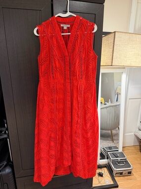 AllSaints Red Eyelet Sleeveless Midi Dress
